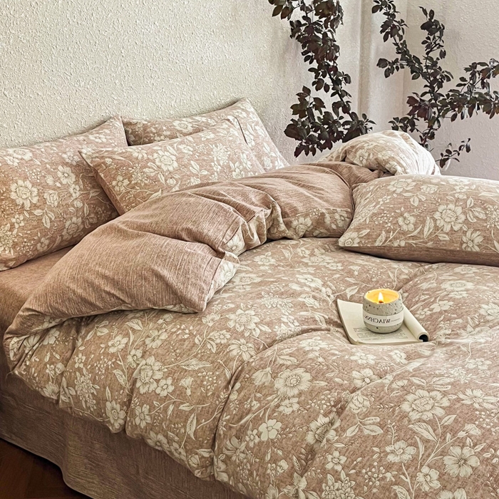 91家纺网 家纺一手货源 找家纺 斯卡诺家纺 2026新款原麻亚麻皱皱纱四件套水洗棉印花四件套 繁花似锦粉