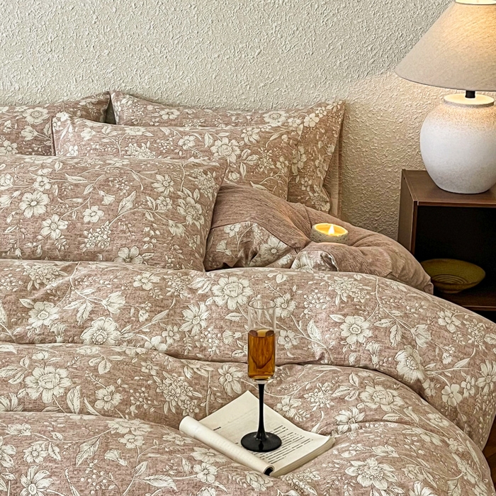 91家纺网 家纺一手货源 找家纺 斯卡诺家纺 2026新款原麻亚麻皱皱纱四件套水洗棉印花四件套 繁花似锦粉