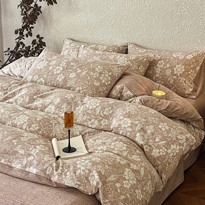 91家纺网 家纺一手货源 找家纺 斯卡诺家纺 2026新款原麻亚麻皱皱纱四件套水洗棉印花四件套 繁花似锦粉