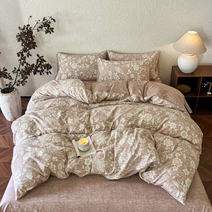 91家纺网 家纺一手货源 找家纺 斯卡诺家纺 2026新款原麻亚麻皱皱纱四件套水洗棉印花四件套 繁花似锦粉