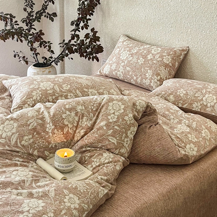 91家纺网 家纺一手货源 找家纺 斯卡诺家纺 2026新款原麻亚麻皱皱纱四件套水洗棉印花四件套 繁花似锦粉