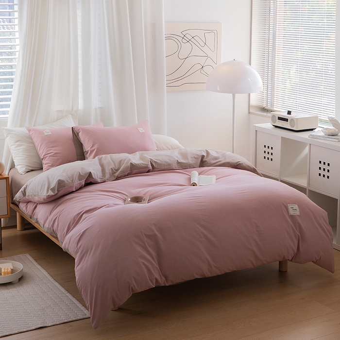 91家纺网 家纺一手货源 找家纺 贝尔 PELLHOME 全棉100纯色双拼水洗棉日式简约无印良品四件套春节不打烊（可抖音代发） 藕粉