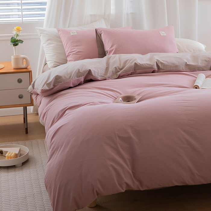 91家纺网 家纺一手货源 找家纺 贝尔 PELLHOME 全棉100纯色双拼水洗棉日式简约无印良品四件套春节不打烊（可抖音代发） 藕粉