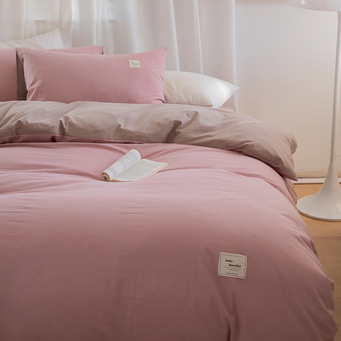 91家纺网 家纺一手货源 找家纺 贝尔 PELLHOME 全棉100纯色双拼水洗棉日式简约无印良品四件套春节不打烊（可抖音代发） 藕粉