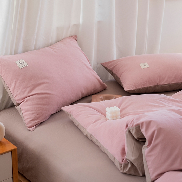 91家纺网 家纺一手货源 找家纺 贝尔 PELLHOME 全棉100纯色双拼水洗棉日式简约无印良品四件套春节不打烊（可抖音代发） 藕粉