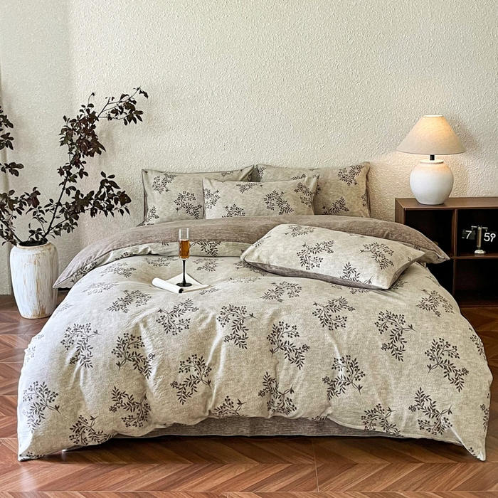 91家纺网 家纺一手货源 找家纺 斯卡诺家纺 2026新款原麻亚麻皱皱纱四件套水洗棉印花四件套 风木槿