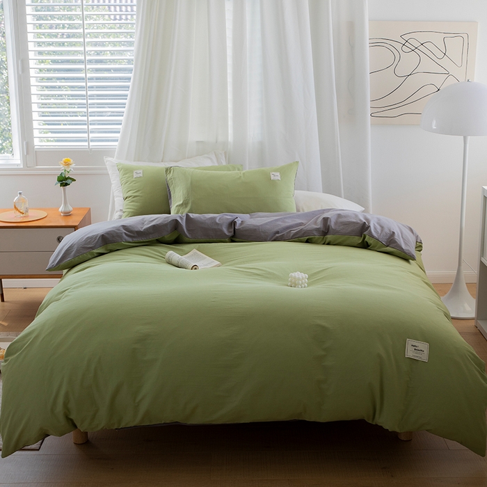 贝尔 PELLHOME 全棉100纯色双拼水洗棉日式简约无印良品四件套春节不打烊（可抖音代发） 浅绿