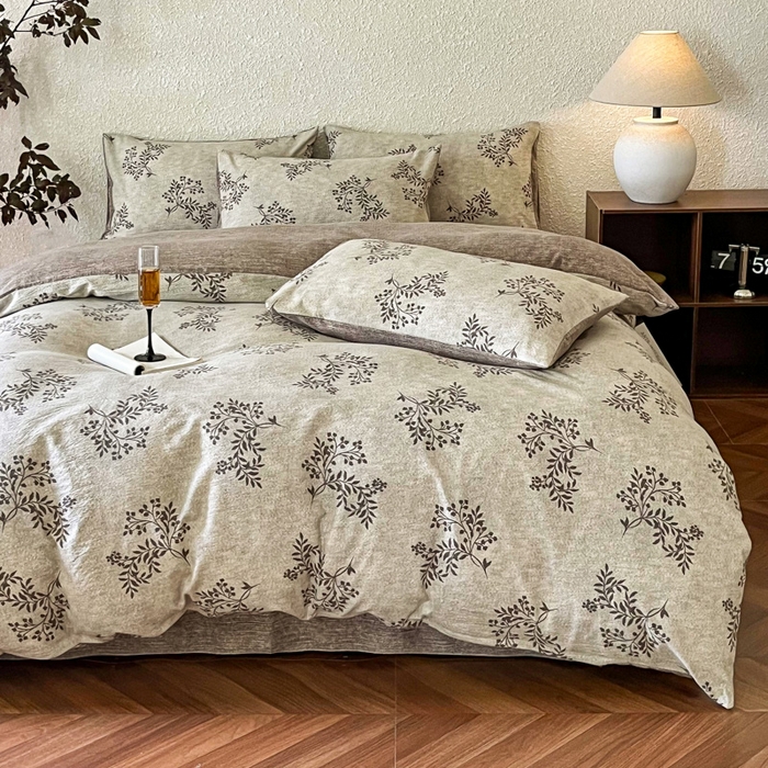 91家纺网 家纺一手货源 找家纺 斯卡诺家纺 2026新款原麻亚麻皱皱纱四件套水洗棉印花四件套 风木槿