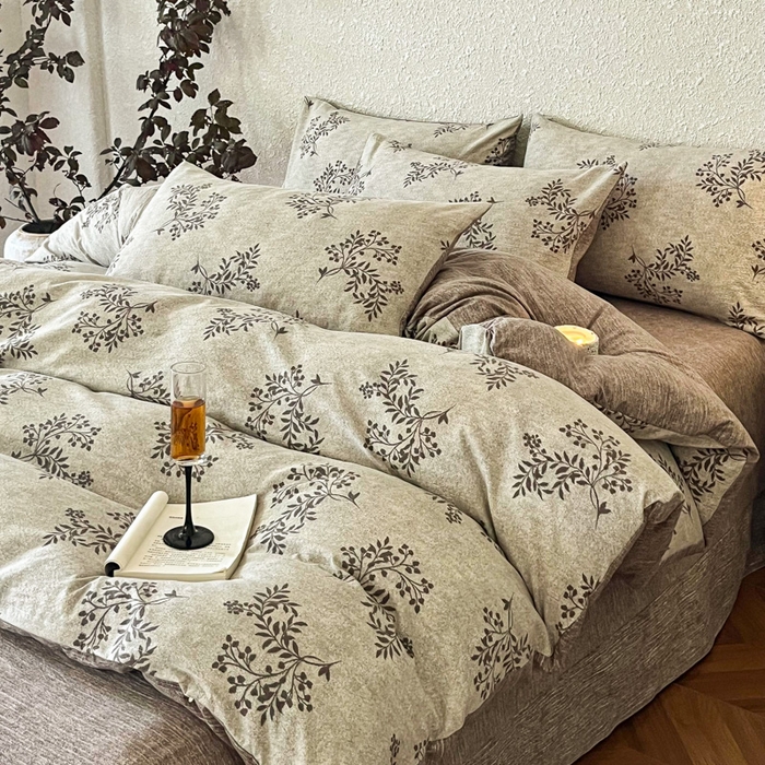 91家纺网 家纺一手货源 找家纺 斯卡诺家纺 2026新款原麻亚麻皱皱纱四件套水洗棉印花四件套 风木槿