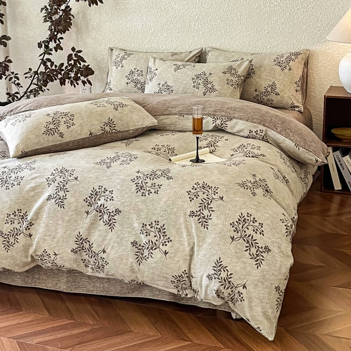 91家纺网 家纺一手货源 找家纺 斯卡诺家纺 2026新款原麻亚麻皱皱纱四件套水洗棉印花四件套 风木槿