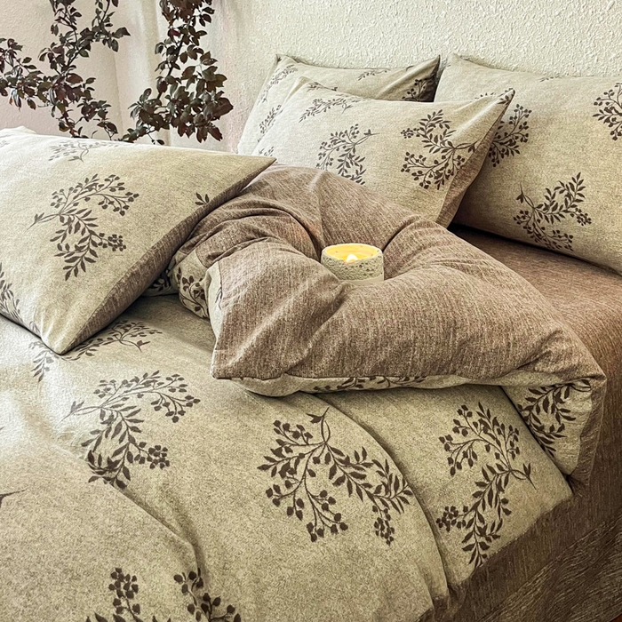 91家纺网 家纺一手货源 找家纺 斯卡诺家纺 2026新款原麻亚麻皱皱纱四件套水洗棉印花四件套 风木槿