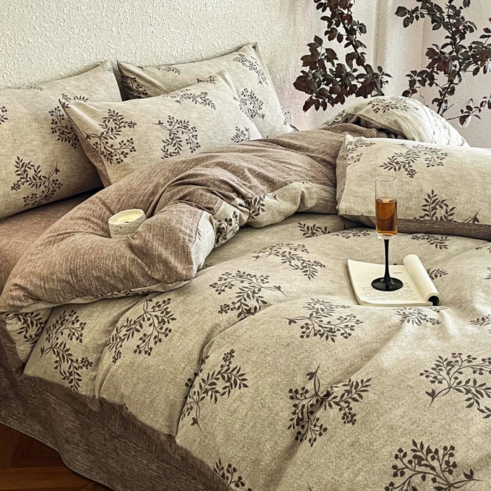 91家纺网 家纺一手货源 找家纺 斯卡诺家纺 2026新款原麻亚麻皱皱纱四件套水洗棉印花四件套 风木槿