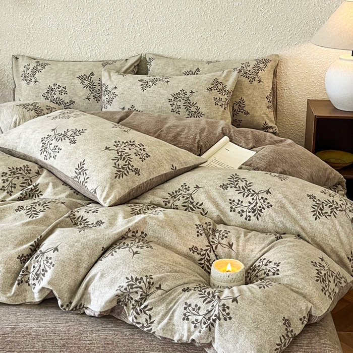 91家纺网 家纺一手货源 找家纺 斯卡诺家纺 2026新款原麻亚麻皱皱纱四件套水洗棉印花四件套 风木槿