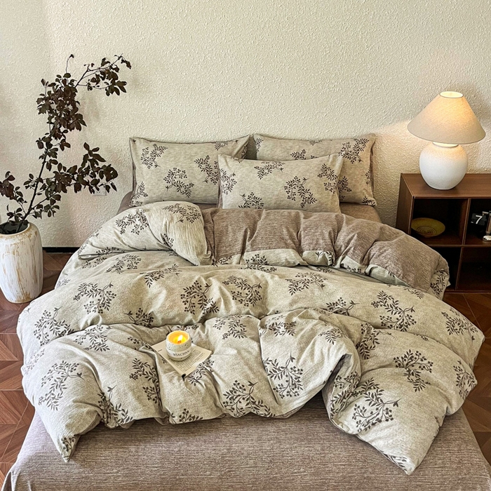 91家纺网 家纺一手货源 找家纺 斯卡诺家纺 2026新款原麻亚麻皱皱纱四件套水洗棉印花四件套 风木槿