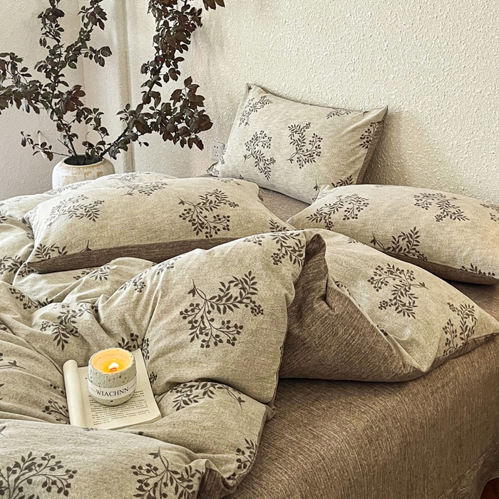 91家纺网 家纺一手货源 找家纺 斯卡诺家纺 2026新款原麻亚麻皱皱纱四件套水洗棉印花四件套 风木槿