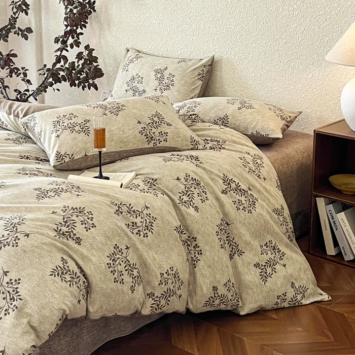 91家纺网 家纺一手货源 找家纺 斯卡诺家纺 2026新款原麻亚麻皱皱纱四件套水洗棉印花四件套 风木槿