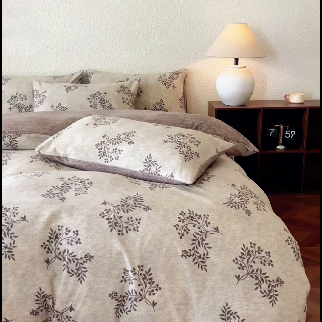 91家纺网 家纺一手货源 找家纺 斯卡诺家纺 2026新款原麻亚麻皱皱纱四件套水洗棉印花四件套 风木槿