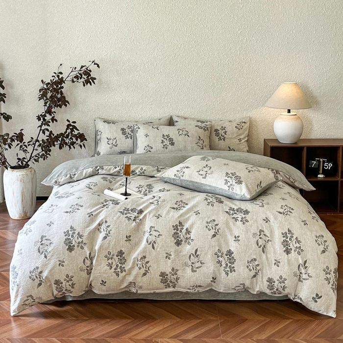 91家纺网 家纺一手货源 找家纺 斯卡诺家纺 2026新款原麻亚麻皱皱纱四件套水洗棉印花四件套 复古格调