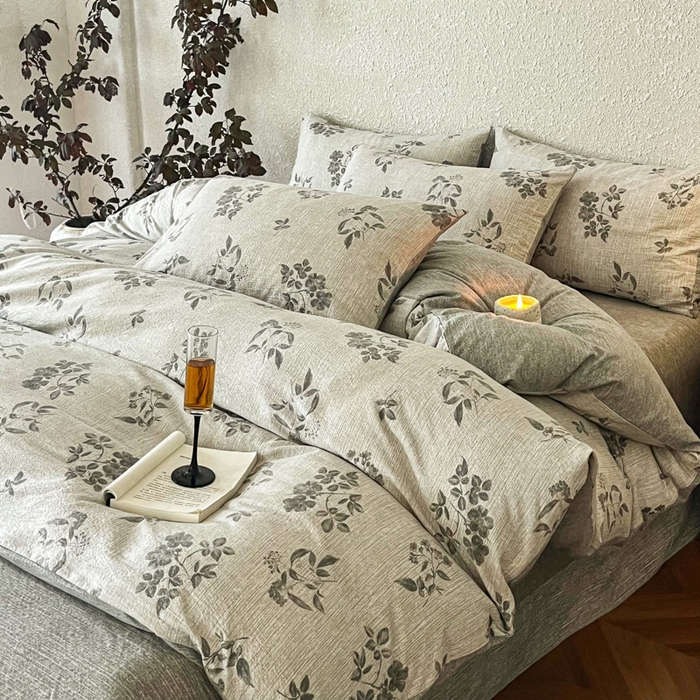 91家纺网 家纺一手货源 找家纺 斯卡诺家纺 2026新款原麻亚麻皱皱纱四件套水洗棉印花四件套 复古格调