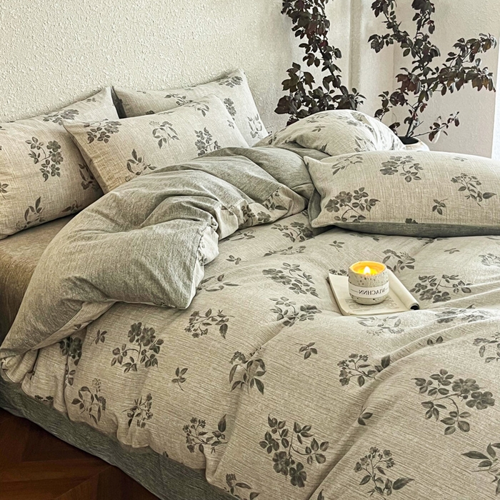 91家纺网 家纺一手货源 找家纺 斯卡诺家纺 2026新款原麻亚麻皱皱纱四件套水洗棉印花四件套 复古格调