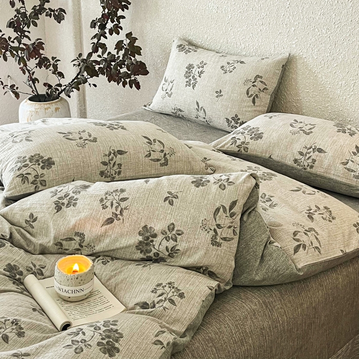 91家纺网 家纺一手货源 找家纺 斯卡诺家纺 2026新款原麻亚麻皱皱纱四件套水洗棉印花四件套 复古格调