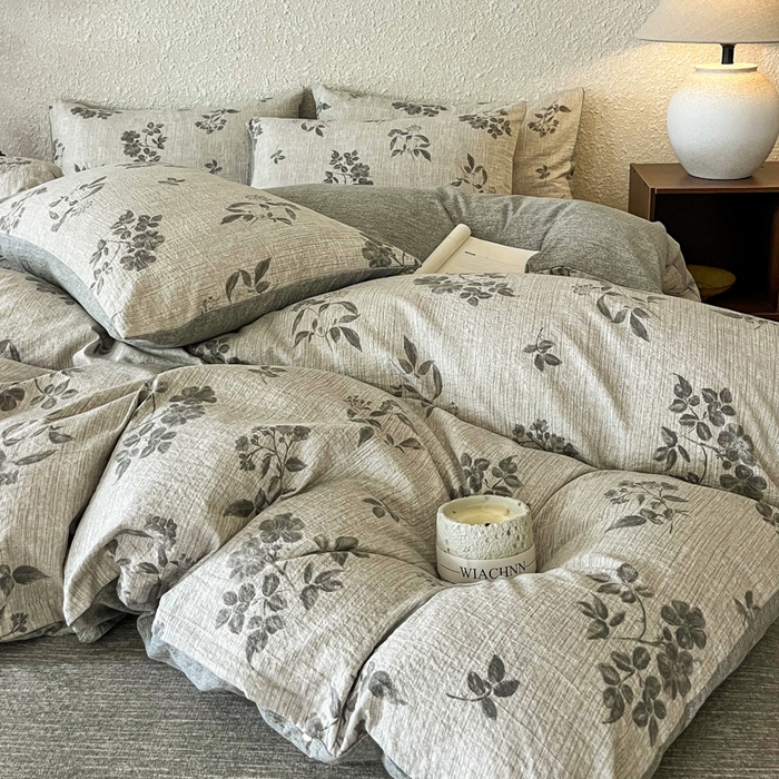 91家纺网 家纺一手货源 找家纺 斯卡诺家纺 2026新款原麻亚麻皱皱纱四件套水洗棉印花四件套 复古格调