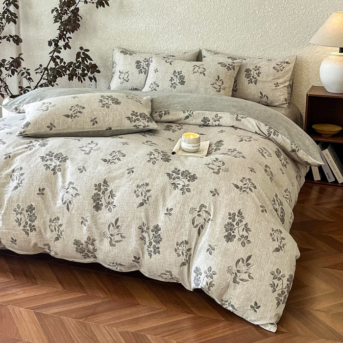 91家纺网 家纺一手货源 找家纺 斯卡诺家纺 2026新款原麻亚麻皱皱纱四件套水洗棉印花四件套 复古格调