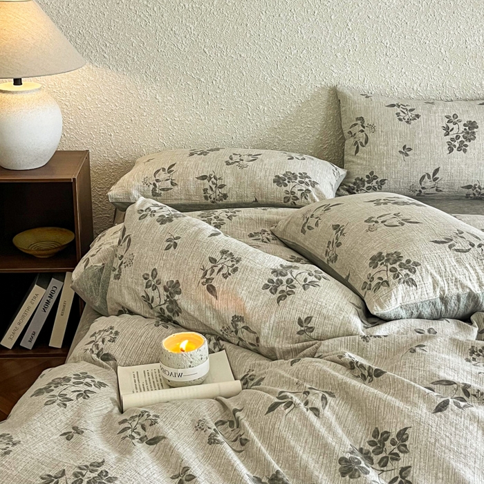 91家纺网 家纺一手货源 找家纺 斯卡诺家纺 2026新款原麻亚麻皱皱纱四件套水洗棉印花四件套 复古格调