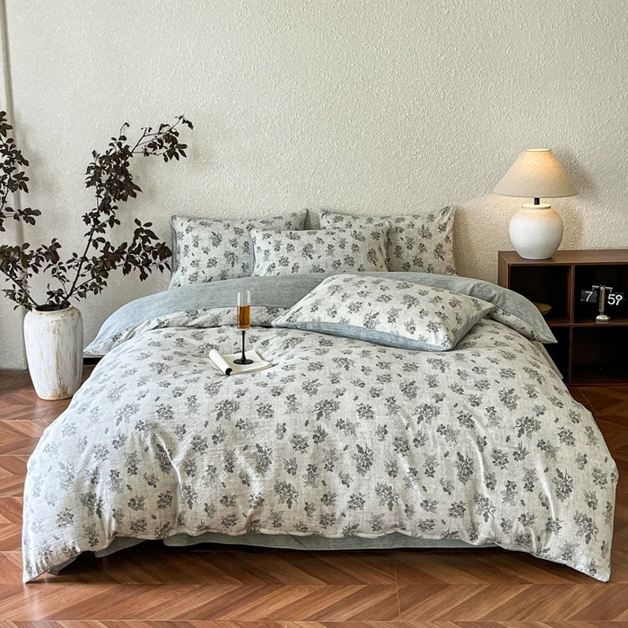 91家纺网 家纺一手货源 找家纺 斯卡诺家纺 2026新款原麻亚麻皱皱纱四件套水洗棉印花四件套 曼妙花园