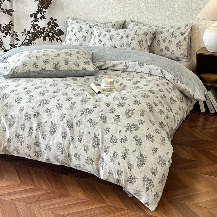 91家纺网 家纺一手货源 找家纺 斯卡诺家纺 2026新款原麻亚麻皱皱纱四件套水洗棉印花四件套 曼妙花园