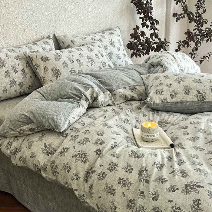 91家纺网 家纺一手货源 找家纺 斯卡诺家纺 2026新款原麻亚麻皱皱纱四件套水洗棉印花四件套 曼妙花园