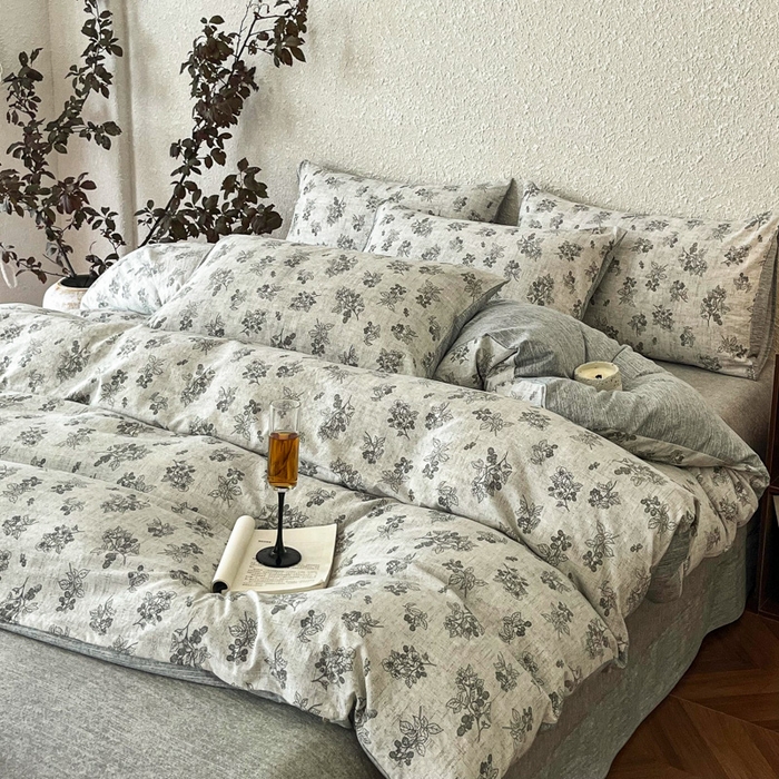 91家纺网 家纺一手货源 找家纺 斯卡诺家纺 2026新款原麻亚麻皱皱纱四件套水洗棉印花四件套 曼妙花园