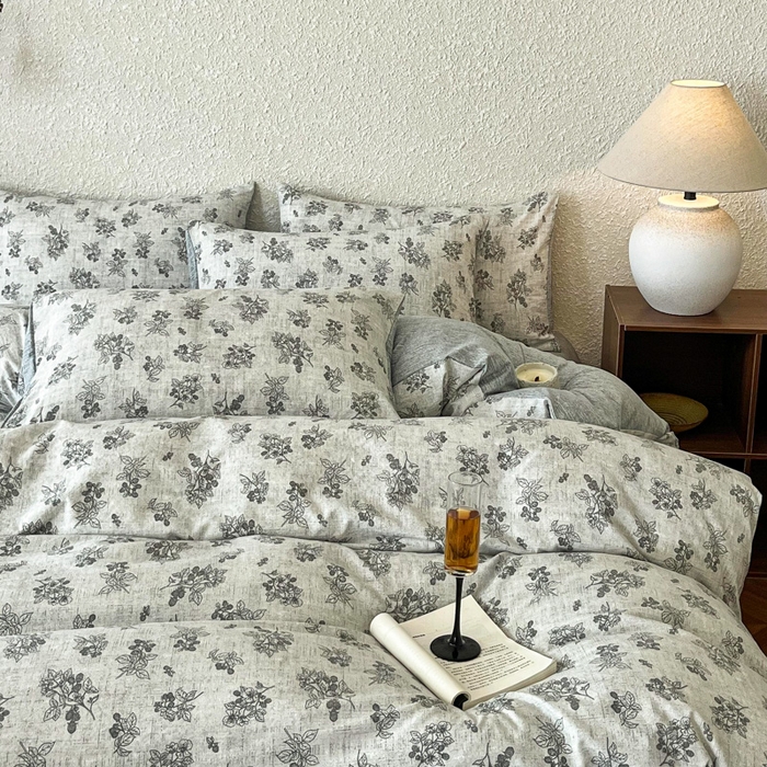 91家纺网 家纺一手货源 找家纺 斯卡诺家纺 2026新款原麻亚麻皱皱纱四件套水洗棉印花四件套 曼妙花园