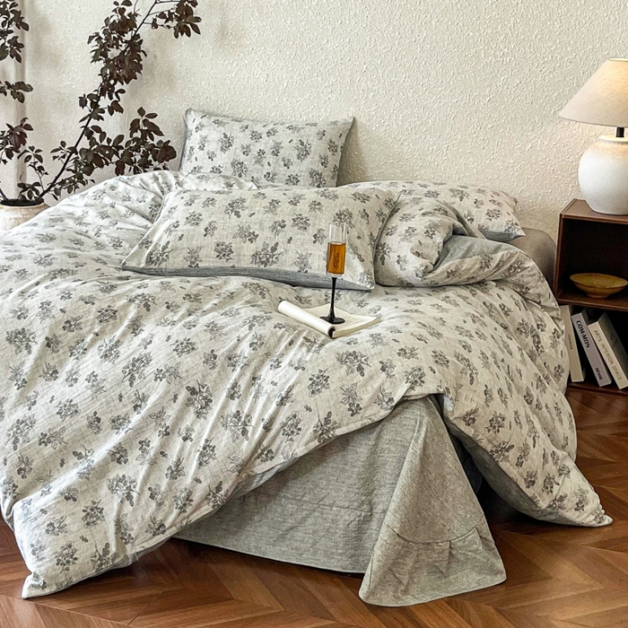 91家纺网 家纺一手货源 找家纺 斯卡诺家纺 2026新款原麻亚麻皱皱纱四件套水洗棉印花四件套 曼妙花园