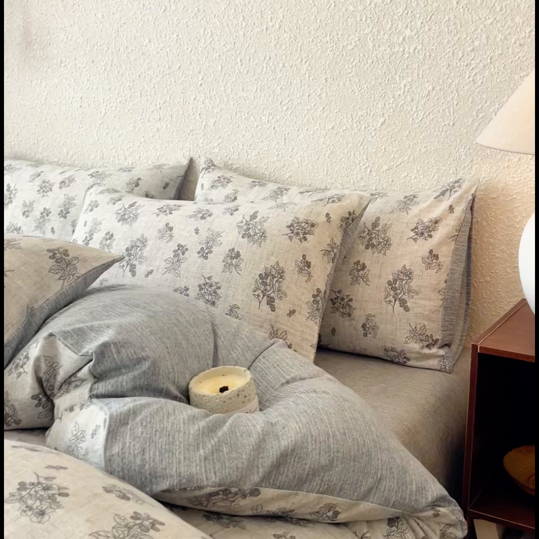 91家纺网 家纺一手货源 找家纺 斯卡诺家纺 2026新款原麻亚麻皱皱纱四件套水洗棉印花四件套 曼妙花园