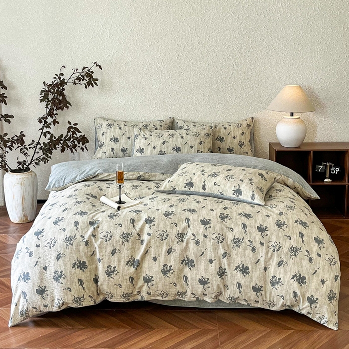 91家纺网 家纺一手货源 找家纺 斯卡诺家纺 2026新款原麻亚麻皱皱纱四件套水洗棉印花四件套 水墨江南