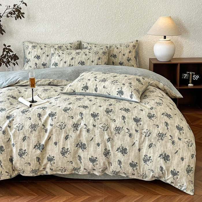 91家纺网 家纺一手货源 找家纺 斯卡诺家纺 2026新款原麻亚麻皱皱纱四件套水洗棉印花四件套 水墨江南