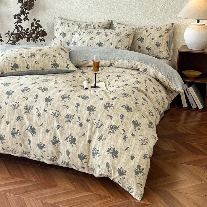 91家纺网 家纺一手货源 找家纺 斯卡诺家纺 2026新款原麻亚麻皱皱纱四件套水洗棉印花四件套 水墨江南