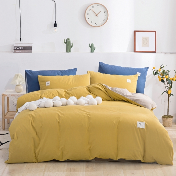 贝尔 PELLHOME 全棉纯棉水洗棉四件套1.5m1.8m纯色北欧风简约（可抖音代发） 嫩黄