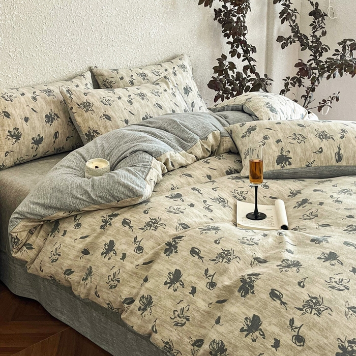 91家纺网 家纺一手货源 找家纺 斯卡诺家纺 2026新款原麻亚麻皱皱纱四件套水洗棉印花四件套 水墨江南