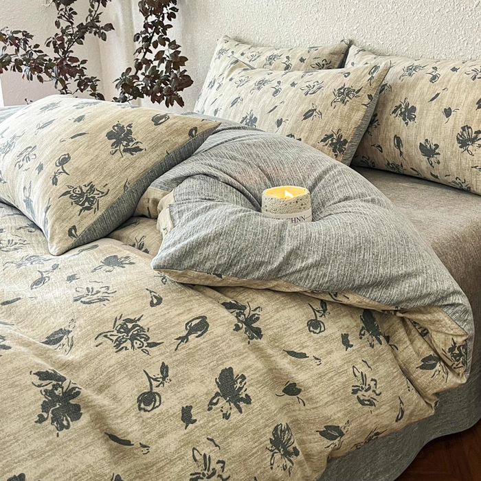 91家纺网 家纺一手货源 找家纺 斯卡诺家纺 2026新款原麻亚麻皱皱纱四件套水洗棉印花四件套 水墨江南