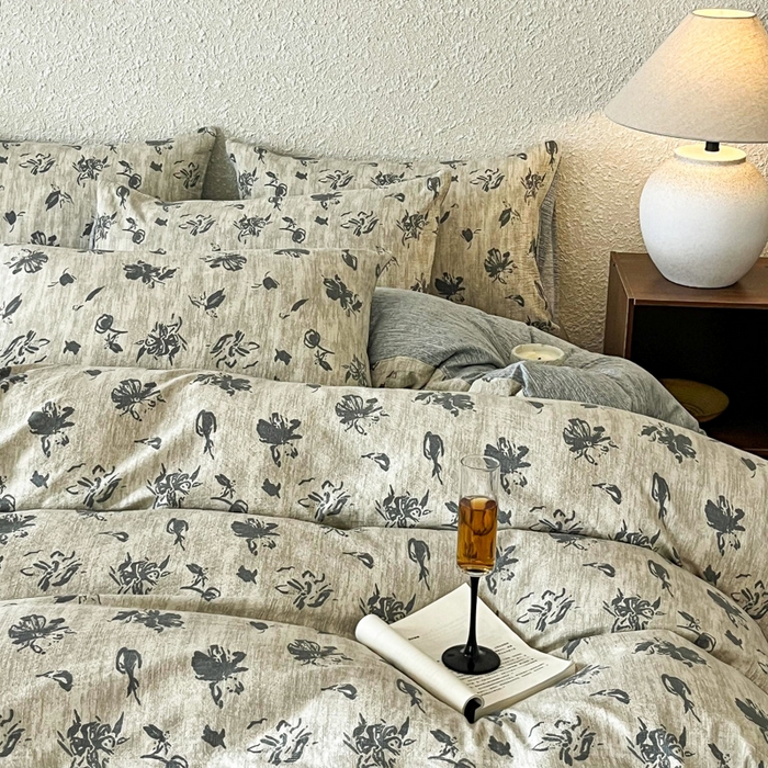 91家纺网 家纺一手货源 找家纺 斯卡诺家纺 2026新款原麻亚麻皱皱纱四件套水洗棉印花四件套 水墨江南