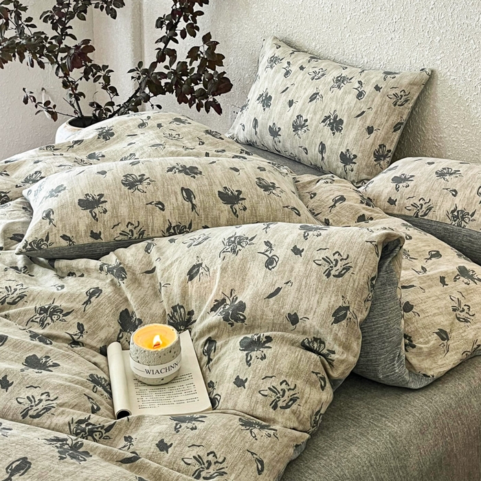 91家纺网 家纺一手货源 找家纺 斯卡诺家纺 2026新款原麻亚麻皱皱纱四件套水洗棉印花四件套 水墨江南