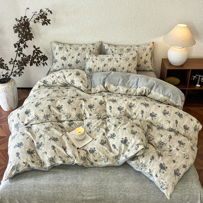 91家纺网 家纺一手货源 找家纺 斯卡诺家纺 2026新款原麻亚麻皱皱纱四件套水洗棉印花四件套 水墨江南