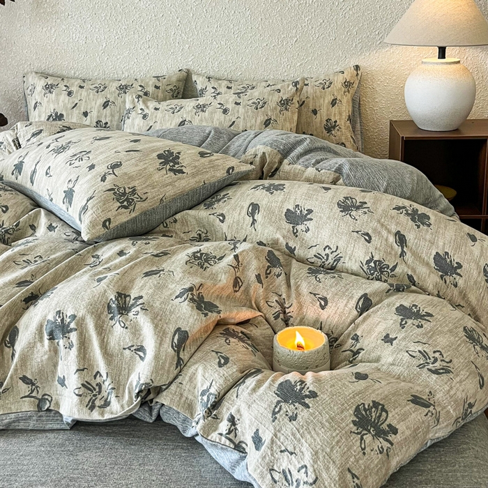 91家纺网 家纺一手货源 找家纺 斯卡诺家纺 2026新款原麻亚麻皱皱纱四件套水洗棉印花四件套 水墨江南