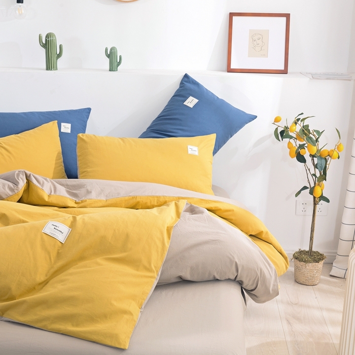 91家纺网 家纺一手货源 找家纺 贝尔 PELLHOME 全棉纯棉水洗棉四件套1.5m1.8m纯色北欧风简约（可抖音代发） 嫩黄