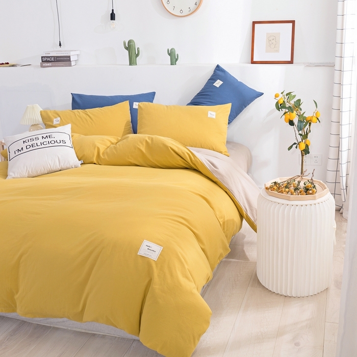 91家纺网 家纺一手货源 找家纺 贝尔 PELLHOME 全棉纯棉水洗棉四件套1.5m1.8m纯色北欧风简约（可抖音代发） 嫩黄