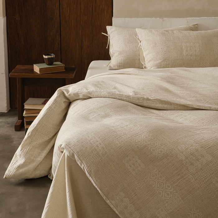 91家纺网 家纺一手货源 找家纺 玛奇朵 2025新款色织棉麻双层皱纱四件套 罗曼织梦