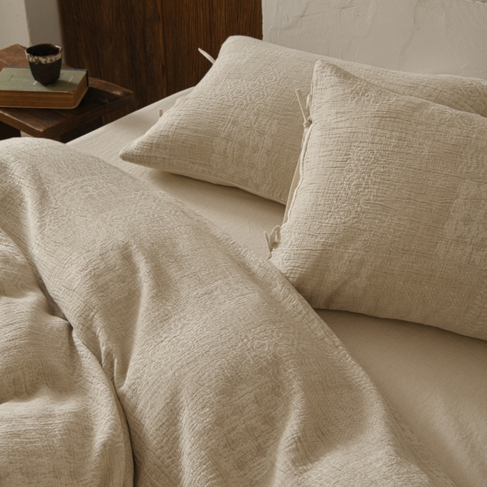 91家纺网 家纺一手货源 找家纺 玛奇朵 2025新款色织棉麻双层皱纱四件套 罗曼织梦