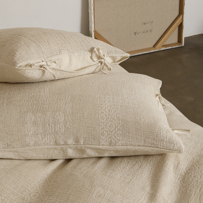 91家纺网 家纺一手货源 找家纺 玛奇朵 2025新款色织棉麻双层皱纱四件套 罗曼织梦